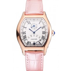 Cartier Tortue Perpetual Calendar White Dial Gold Case Pink Leather Strap