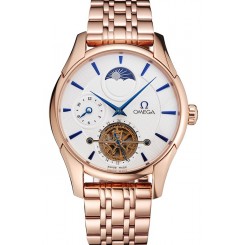 Copy 1:1 Omega De Ville Moonphase Tourbillon White Dial Blue Hands Rose Gold Case And Bracelet