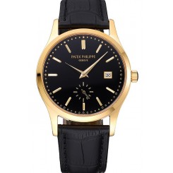 Copy AAA Patek Philippe Calatrava Black Dial Gold Case Black Leather Strap 622845
