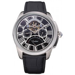 Copy Cartier Calibre Tourbillon Black Dial Stainless Steel Case Black Leather Strap 622752