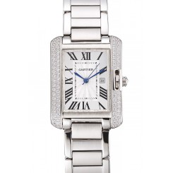 Copy Cheap Cartier Tank Anglaise 30mm White Dial Diamonds Steel Case Stainless Steel Bracelet