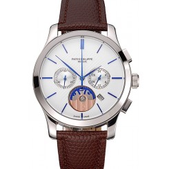 Copy Luxury Patek Philippe Chronograph White Dial Blue Hands Stainless Steel Case Brown Leather Strap
