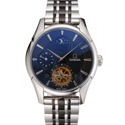 Copy Omega De Ville Moonphase Tourbillon Black Dial Stainless Steel Case Two Tone Black Steel Bracelet