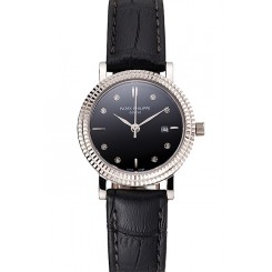 Copy Patek Philippe Calatrava Black Dial Diamond Hour Marks Double Ribbed Bezel Stainless Steel Case Black Leather Strap