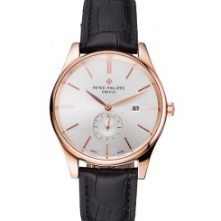 Copy Patek Philippe Calatrava Date White Dial Rose Gold Case Black Leather Strap