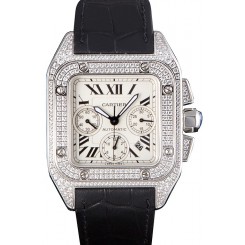 Copy Swiss Cartier Santos Silver Bezel with Diamonds and Black Leather Strap sct44 621528