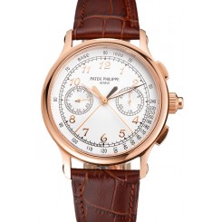 Designer Imitation Swiss Patek Philippe Split Seconds Chronograph White Dial Rose Gold Case Brown Leather Strap