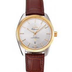 Designer Omega Globemaster Silver Dial Gold Bezel Stainless Steel Case Brown Leather Strap