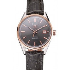 Designer Swiss Tag Heuer Carrera Calibre 5 Gray Dial Rose Gold Case Black Leather Strap