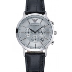 Emporio Armani Classic Chronograph Silver Dial Black Leather Bracelet 622339