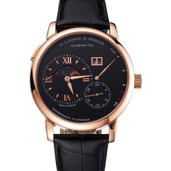 Fake A. Lange & Sohne Grand Lange 1 Moon Phase Black Dial Rose Gold Case Black Leather Strap