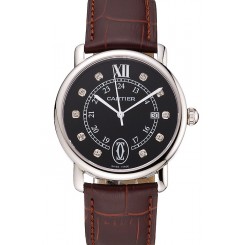 Fake Cartier Ronde Solo Black Dial Diamond Hour Marks Stainless Steel Case Brown Leather Strap