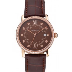 Fake Cartier Ronde Solo Brown Dial Diamond Hour Marks And Bezel Rose Gold Case Brown Leather Strap
