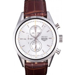 Fake High Quality Tag Heuer SLR Brushed Stainless Steel Case Silver Dial Brown Leather Strap