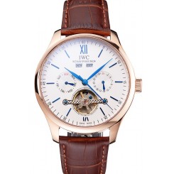 Fake IWC Portofino Tourbillon White Dial Blue Markings Rose Gold Case Brown Leather Strap