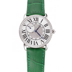 Fake Luxury Cartier Ronde Louis Silver Diamond Case White Dial Green Leather Bracelet 1454012