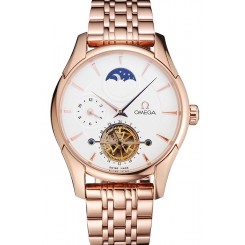Fake Omega De Ville Moonphase Tourbillon White Dial Rose Gold Case And Bracelet