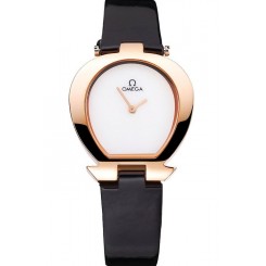 Fake Omega Ladies Watch White Dial Gold Case Black Leather Strap 622820