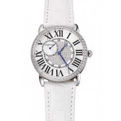 Fake Replica Cartier Ronde Louis Silver Diamond Case White Dial White Leather Bracelet 1454010