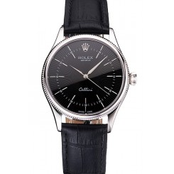 Fake Swiss Rolex Cellini Black Dial Steel Case Black Leather Strap