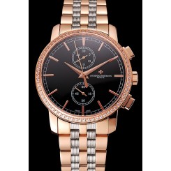 Fake Swiss Vacheron Constantin Patrimony Traditionnelle Chronograph Black Dial Diamond Bezel Rose Gold Case Two Tone Bracelet 1453761