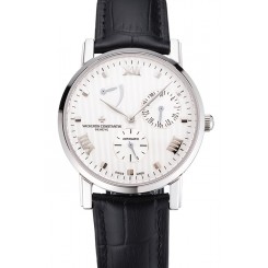 Fashion Imitation Swiss Vacheron Constantin Patrimony Quantieme Reserve De Marche White Dial Stainless Steel Case Black Leather Strap