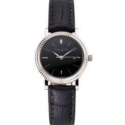 Fashion Replica Patek Philippe Calatrava Black Dial Double Ribbed Bezel Stainless Steel Case Black Leather Strap