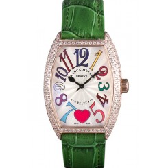 Franck Muller Heart Diamond Gold Bezel Green Leather Band 621593