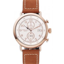 Hamilton Navy Pioneer Chrono White Dial Rose Gold Case Brown Leather Strap