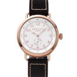 Hamilton Navy Pioneer Small Second White Dial Rose Gold Case Black Leather Strap