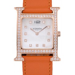 Hermes Heure H Rose Gold Diamond Encrusted Bezel Orange Leather Strap White Dial 80237
