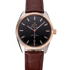 High Imitation Omega Globemaster Black Dial Rose Gold Bezel Stainless Steel Case Brown Leather Strap