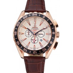High Imitation Omega Seamaster Aqua Terra Chrono GMT Ivory Dial Brown Leather Bracelet 622534