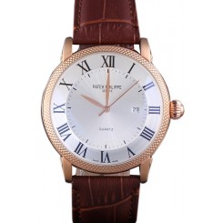High Quality Replica Patek Philippe Calatrava Roze Gold Ribbed Bezel Brown Leather Bracelet 801434