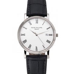 Hot Patek Philippe Calatrava White Dial Roman Numerals Ribbed Bezel Stainless Steel Case Black Leather Strap