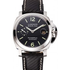 Hot Replica Swiss Panerai Luminor Marina Black Dial Stainless Steel Case Black Leather Strap