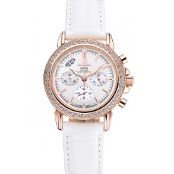 Imitation 1:1 Omega Speedmaster Chronograph White Dial Gold Diamond Case White Leather Bracelet 622455