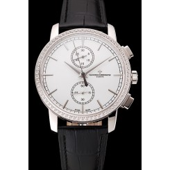 Imitation AAAAA Swiss Vacheron Constantin Patrimony Traditionnelle Chronograph White Dial Diamond Bezel Stainless Steel Case Black Leather Strap 1453769
