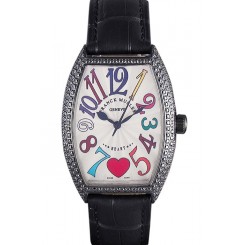 Imitation Franck Muller Heart Diamond Silver Bezel Black Leather Band 621595