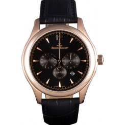 Imitation Jaeger Lecoultre Master Chronograph Gold Bezel Black Leather Band 621619