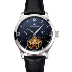 Imitation Jaeger LeCoultre Master Moonphase Tourbillon Black Dial Stainless Steel Case Black Leather Strap