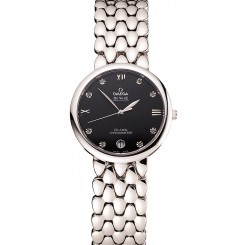 Imitation Luxury Omega De Ville Prestige Black Dial With Diamonds Stainless Steel Case And Bracelet