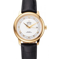 Imitation Omega De Ville Prestige White Dial Gold Case Black Leather Strap