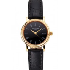 Imitation Patek Philippe Calatrava Black Dial Roman Numerals Double Ribbed Bezel Gold Case Black Leather Strap