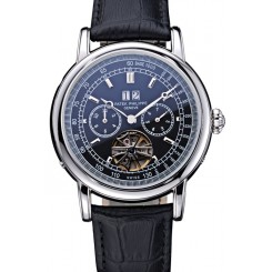 Imitation Patek Philippe Geneve Grand Complications Black Face Tourbillon Stainless Steel Black Band 622155