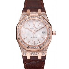 Imitation Swiss Audemars Piguet Royal Oak White Dial Gold Case With Diamonds Brown Leather Strap