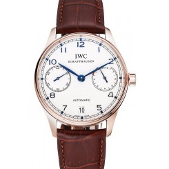 Imitation Swiss IWC Portuguese White Dial Blue Numerals Gold Case Brown Leather Bracelet 1453915