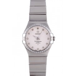 Imitation Swiss Lady Omega Constellation Crystal Encrusted Bezel Silver Radial Dial 80291