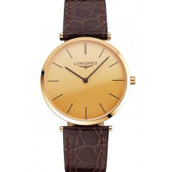 Imitation Swiss Longines Grande Classique Gold Dial Gold Case Brown Leather Strap