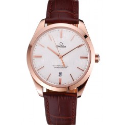 Imitation Swiss Omega DeVille Tresor White Dial Gold Case Brown Leather Strap 622846